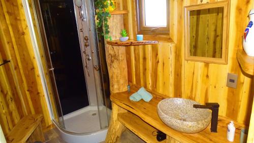 a wooden bathroom with a shower and a sink at Refugio del Chucao in Llanada Grande