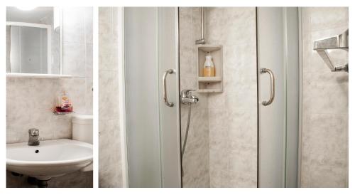 two pictures of a bathroom with a shower and a sink at Huter Apartments in Herceg-Novi
