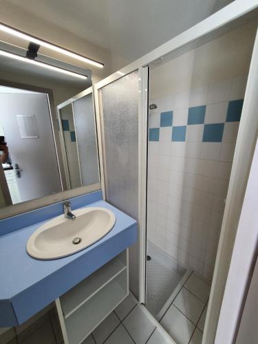 une salle de bain avec un lavabo et une douche dans l'établissement Duplex proche de la mer avec piscine, à Guidel