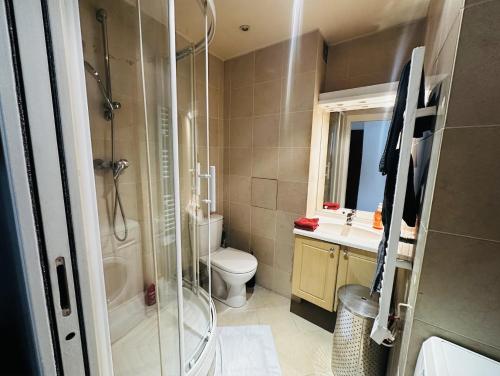 une salle de bain avec une douche, des toilettes et un lavabo dans l'établissement Appartement avec balcon, à Paris