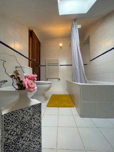 a bathroom with a tub and a toilet and a sink at Solar Alegria Lodge in Oliveira de Frades