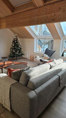 - un salon avec un canapé et un arbre de Noël dans l'établissement Duplex type chalet dans le Jura, à Morbier