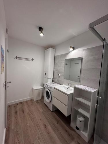 une salle de bain avec une machine à laver et un lavabo dans l'établissement Appartement à Cala Rossa, à Lecci