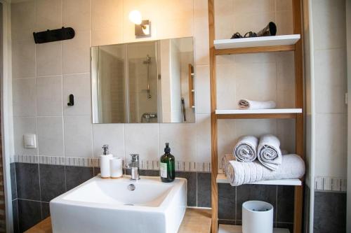 une salle de bain avec un lavabo, un miroir et des serviettes dans l'établissement 