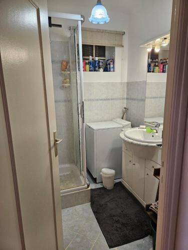 une salle de bain avec douche et lavabo dans l'établissement Appartement entre plage et ville, à Sainte-Maxime
