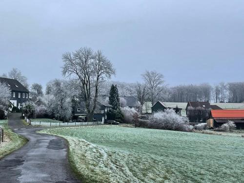 a snow covered driveway in a residential neighborhood with houses at Ferienwohnung Annika in Hückeswagen