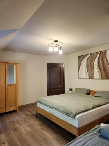 Un dormitorio con una cama y un ventilador de techo. en Cabana Dealul Negru, en Dealu Negru