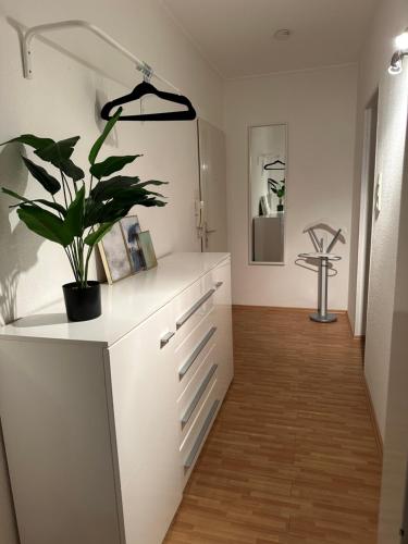 una habitación con una cómoda blanca con una planta en Living Lu - cosy Apartment one - Netflix - Mannheim - BASF - 1 Zimmer, en Ludwigshafen am Rhein