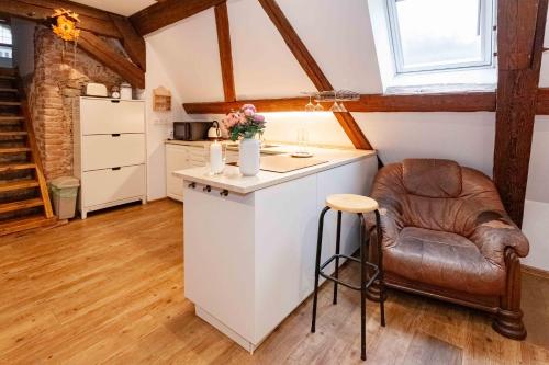 a kitchen with a counter and a chair in a room at Resort Mlýn Karolínka in Vranov nad Dyjí
