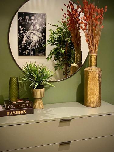 a mirror on top of a dresser with plants at Abondante Paradise in Jan Thiel