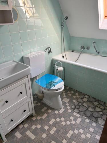 a bathroom with a toilet and a sink and a tub at Jacky Apartment in Schonwald im Schwarzwald