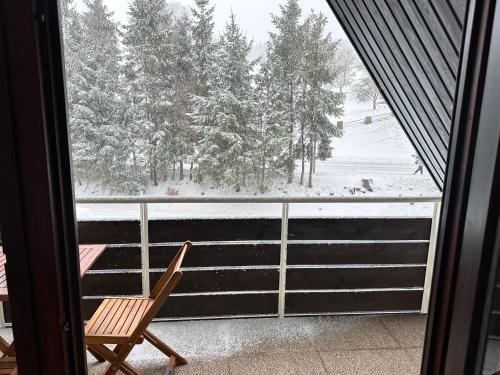 a view of a snow covered yard from a window at Jacky Apartment in Schonwald im Schwarzwald