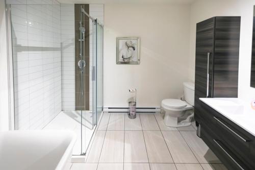 a bathroom with a glass shower and a toilet at 2CH Relaxation Spa Sauna BBQ Wi-Fi in Pont-Rouge