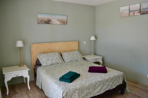 une chambre avec un lit avec deux oreillers dessus dans l'établissement Villa avec piscine sur le golf entre lac et Océan, à Biscarrosse