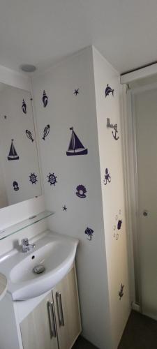 La salle de bains est pourvue d'un lavabo et d'un miroir. dans l'établissement mobilhome Samba 3 chambres, aux Mathes