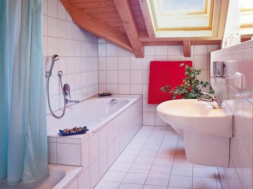 ein Badezimmer mit einer Badewanne und einem Waschbecken in der Unterkunft Ferienwohnung Hütt in Wasserburg