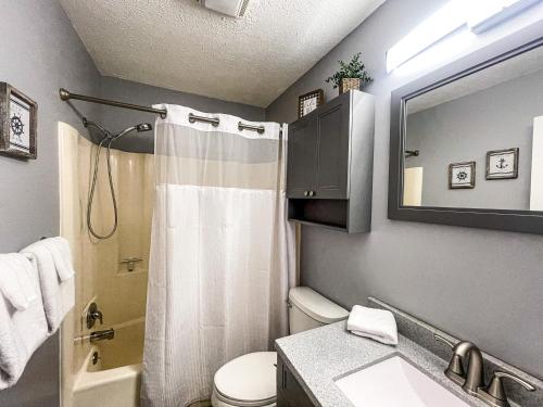 a bathroom with a shower and a toilet and a sink at Modern Condo Central Huron Boat Basin Area in Huron