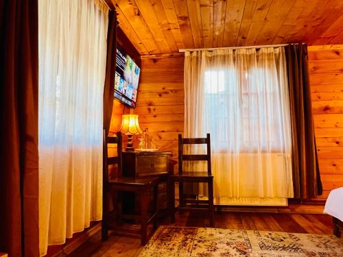 a bedroom with a desk and a window with a television at Nautica Bahna in Orşova
