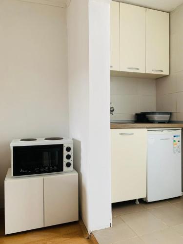 uma cozinha com armários brancos e um micro-ondas em Laki's House em Mavrovo