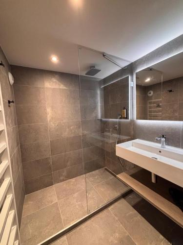 une salle de bain avec un lavabo et une douche en verre dans l'établissement Résidence Frond'Neige, à Morzine