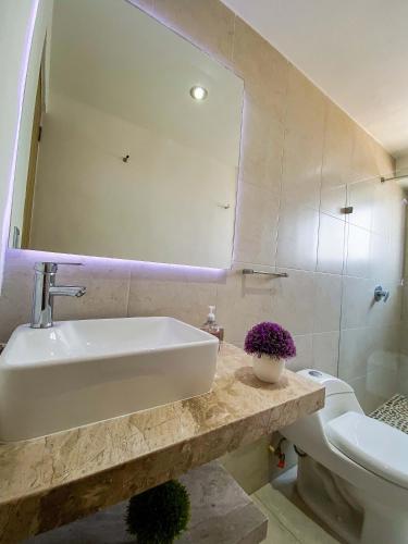 a bathroom with a sink and a toilet and a mirror at Apartment with pool 3 beds in Acapulco in Acapulco