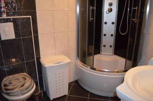 a bathroom with a shower and a toilet and a sink at Apartment Željko in Baška
