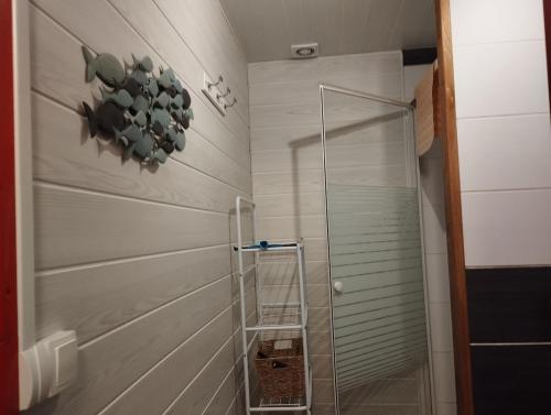 une douche dans une salle de bain avec une porte vitrée dans l'établissement Appart 2 pièces proche de Nausicaá et de la plage, à Boulogne-sur-Mer