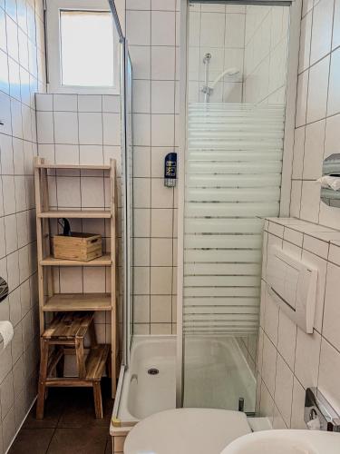 a bathroom with a shower and a toilet and a sink at Landgasthof am Bäumchen in Weißenfels