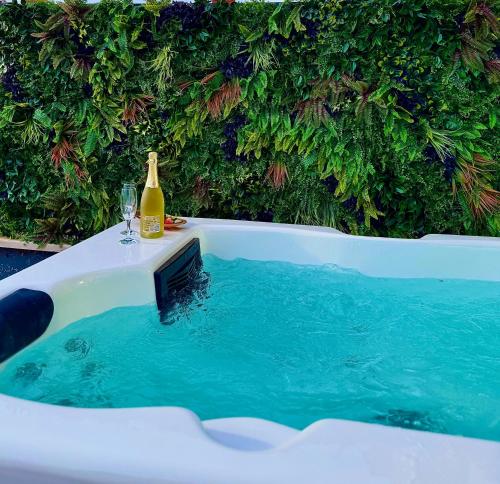 a bottle of wine and two glasses in a bath tub at Deluxe Apartman Dubrovnik in Dubrovnik