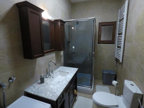 a bathroom with a toilet and a sink and a shower at Villa Royal in Belgrade