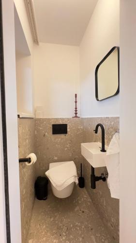a bathroom with a toilet and a sink at Gästehaus im Grünen in Pesendorf