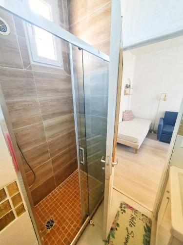 une douche avec une porte vitrée dans une pièce dans l'établissement Charmant studio avec terrasse -proche Paris, à Aubervilliers
