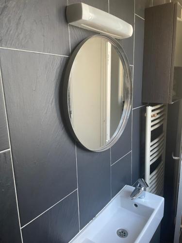 une salle de bain avec un lavabo et un miroir dans l'établissement Fantastic apartement & terrace Paris Montparnasse, à Paris