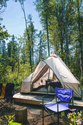 a tent with two chairs and a table in the woods at Bluestone Acres Farm in Vavenby