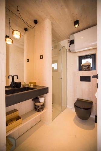 a bathroom with a sink and a toilet and a shower at Arcadia - Beach villa n.1 in Privlaka