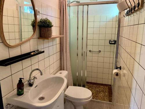 a bathroom with a sink and a toilet and a mirror at Bungalow in dune area of Sint Maartenszee in Sint Maartenszee