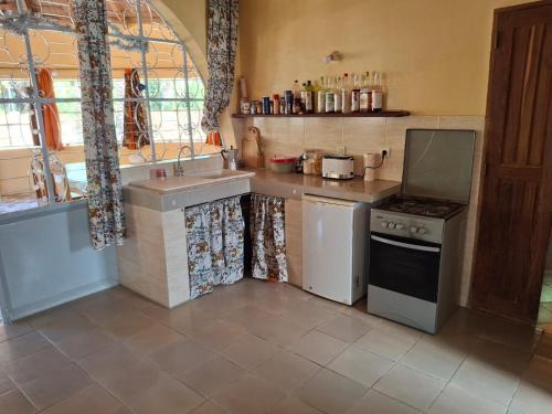 a kitchen with a sink and a stove at La Case Sauvage in Diana