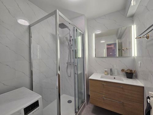 une salle de bain blanche avec une douche et un lavabo dans l'établissement Grand appt for 7p center city, à Paris