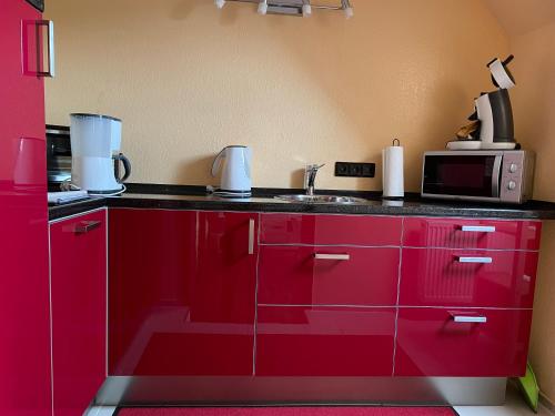 Haus am Kastanienwald في باد بيرغزابيرن: مطبخ احمر مع حوض وميكروويف