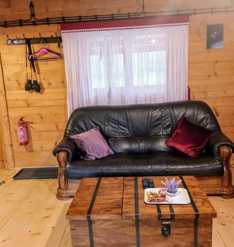 a leather couch in a living room with a table at Siedlisko Sielska Dolina Nad Stawem luksusowy domek całoroczny z klimatyzacją in Tarnowiec