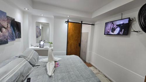 a room with a bed and a tv on the wall at Hotel y Restaurant AKATA in Río Mayo