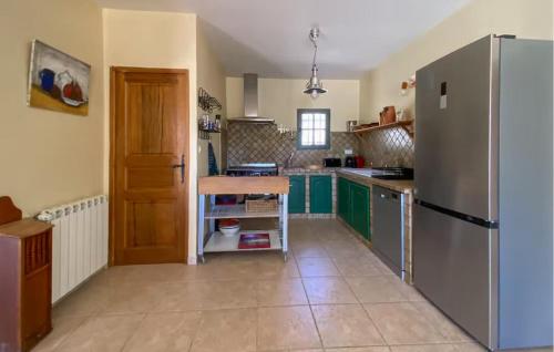 La cuisine est équipée d'un réfrigérateur et de placards verts. dans l'établissement Amazing Home In Maussane-Les-Alpilles, à Maussane-les-Alpilles