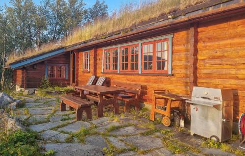 a wooden cabin with a picnic table and a stove at Lovely Home In Ustaoset With Wifi in Ustaoset
