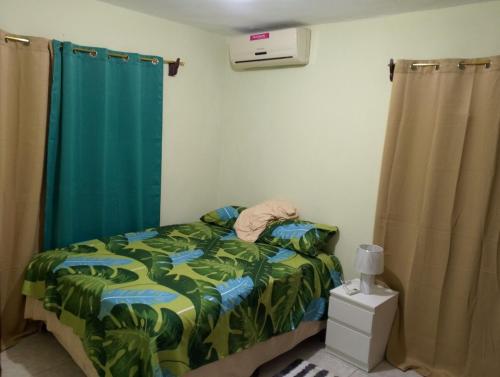 a bedroom with a bed with a green comforter at confor y seguridad in Santo Domingo