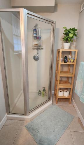 a shower with a glass door in a bathroom at Quiet and Smoke FREE private suite in Charlotte