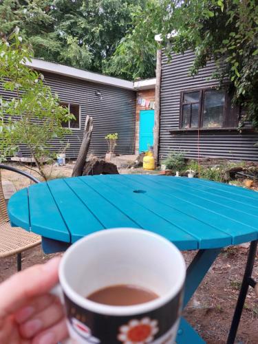 una mano sosteniendo una taza de café junto a una mesa azul en Hostal Nahuel Ray, en Pucón