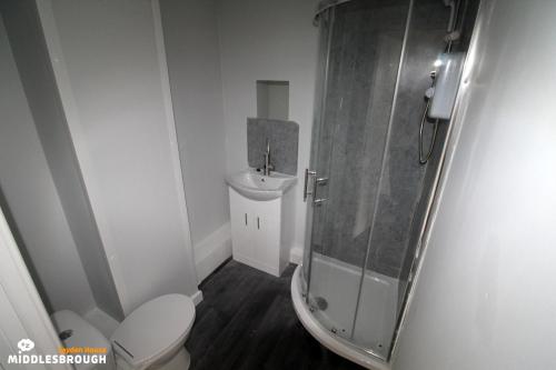 a small bathroom with a toilet and a shower at Jayden House in Middlesbrough