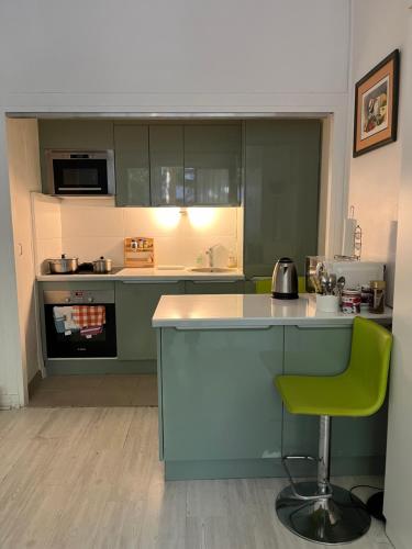 une cuisine avec des placards verts et une chaise verte dans l'établissement Small Cosy Studio in Paris, à Paris
