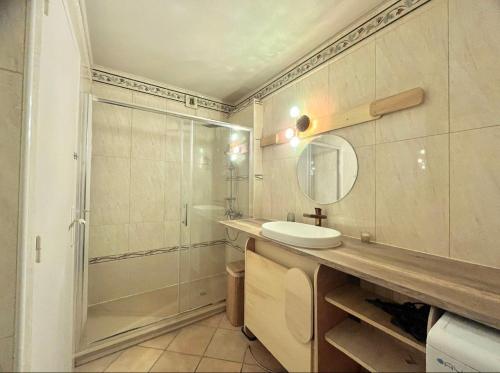 une salle de bain avec un lavabo, une douche et un miroir dans l'établissement Calm and cosy 60m2 apartment near Matabiau station, à Toulouse