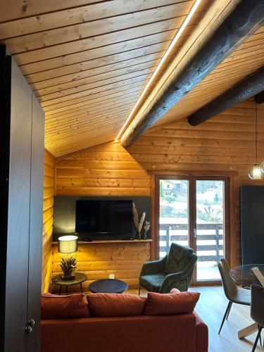 un salon avec un canapé et une télévision dans l'établissement Appartement meublé T2 le G de Gérardmer, à Gérardmer